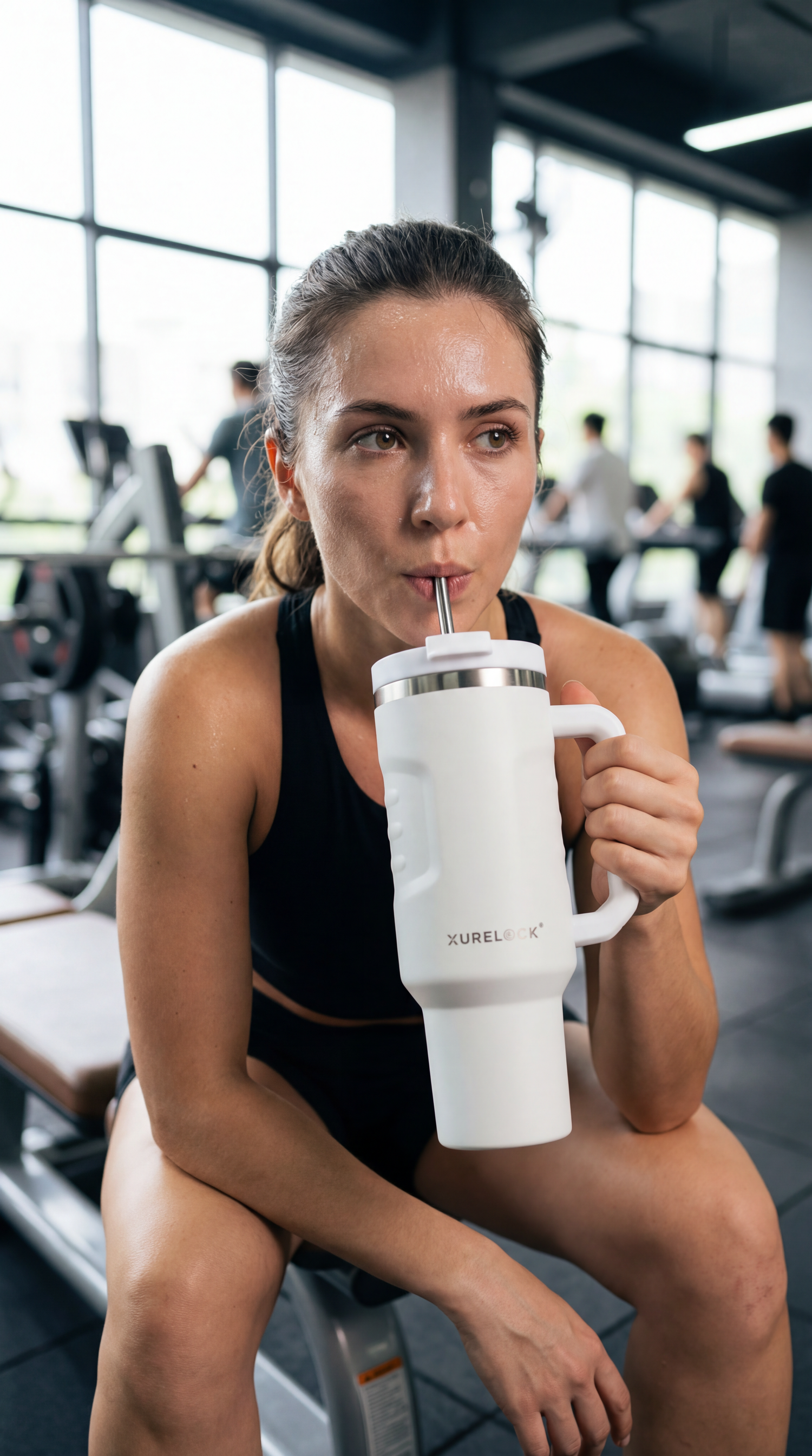 Xurelock 40oz white tumbler next to a laptop