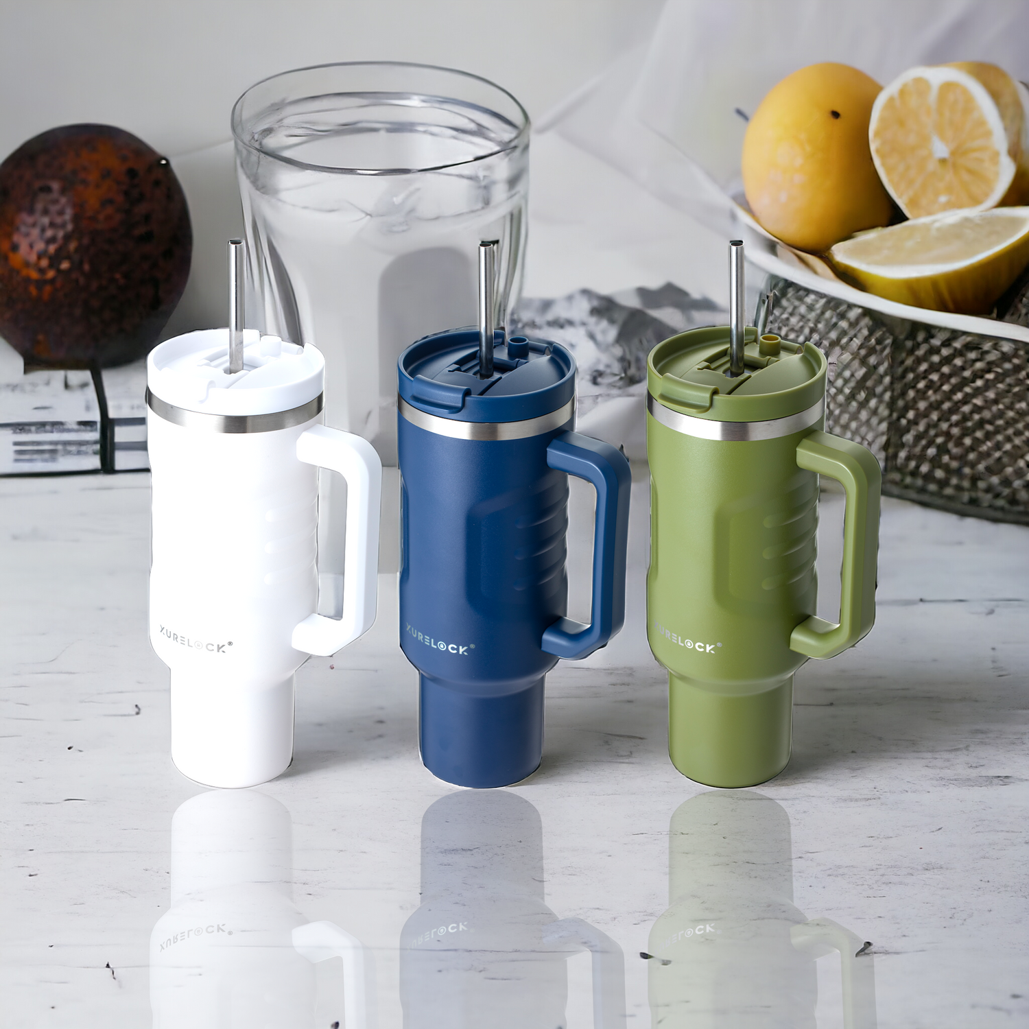 Xurelock Travel Mug 40oz - Insulated, Stainless Steel with Straw and Lid, Durable Handle, Perfect for Hot and Cold Beverages