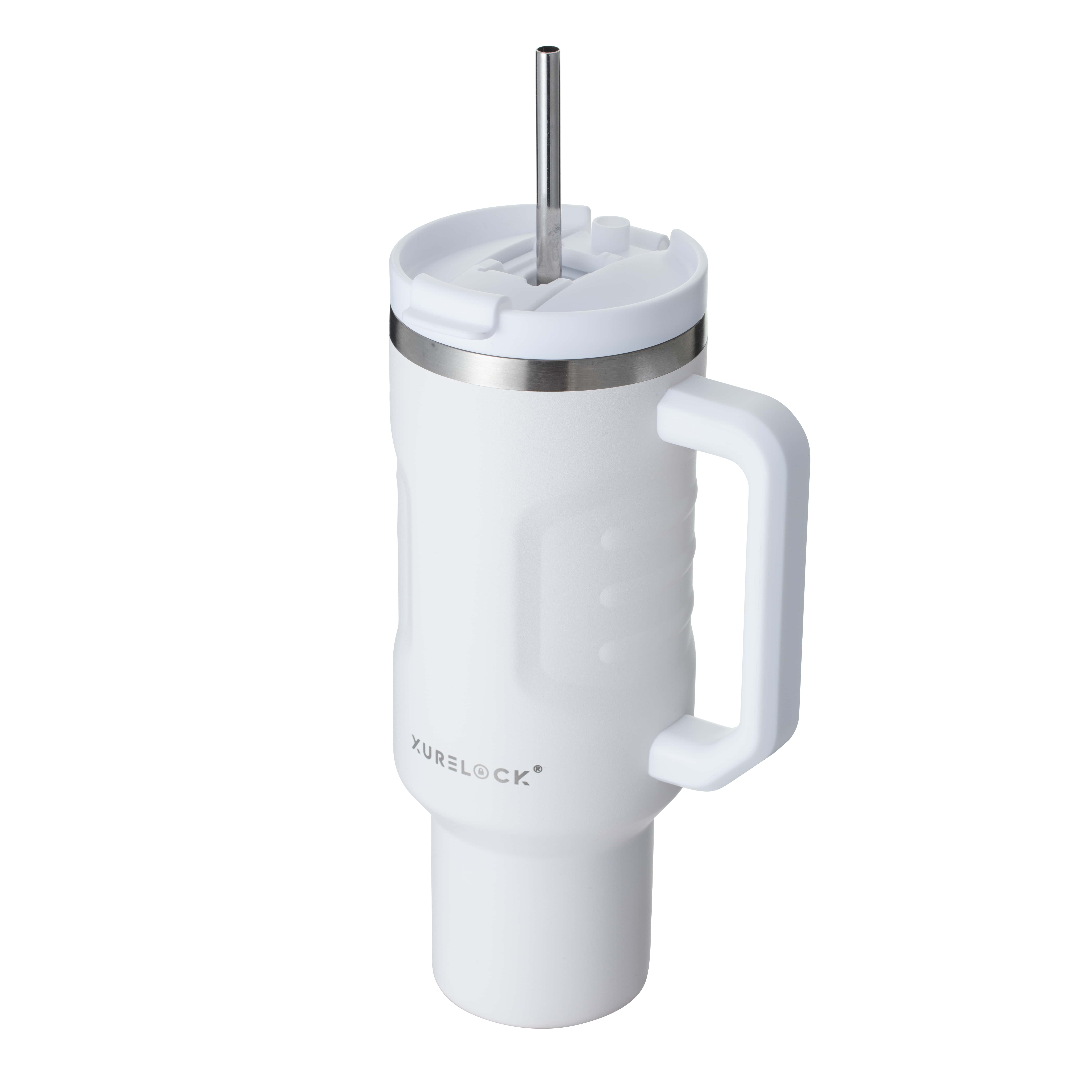 White Xurelock mug with lid and straw
